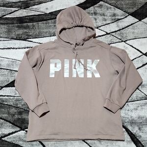 VS PINK 2022 CAMPUS EVERYDAY FLEECE ICED-COFFEE SILVER SHINE HOODIE SWEATSHIRT